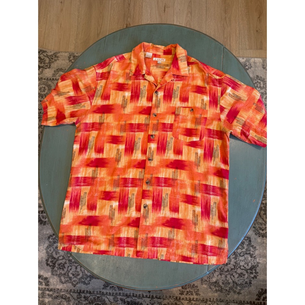 Enro Soie Silk Mens Large Orange Red Abstract Geometric SS Button Shirt